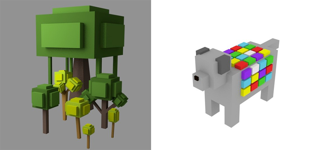 3D model renderings of variety of low-poly trees and a low-poly robot dog.