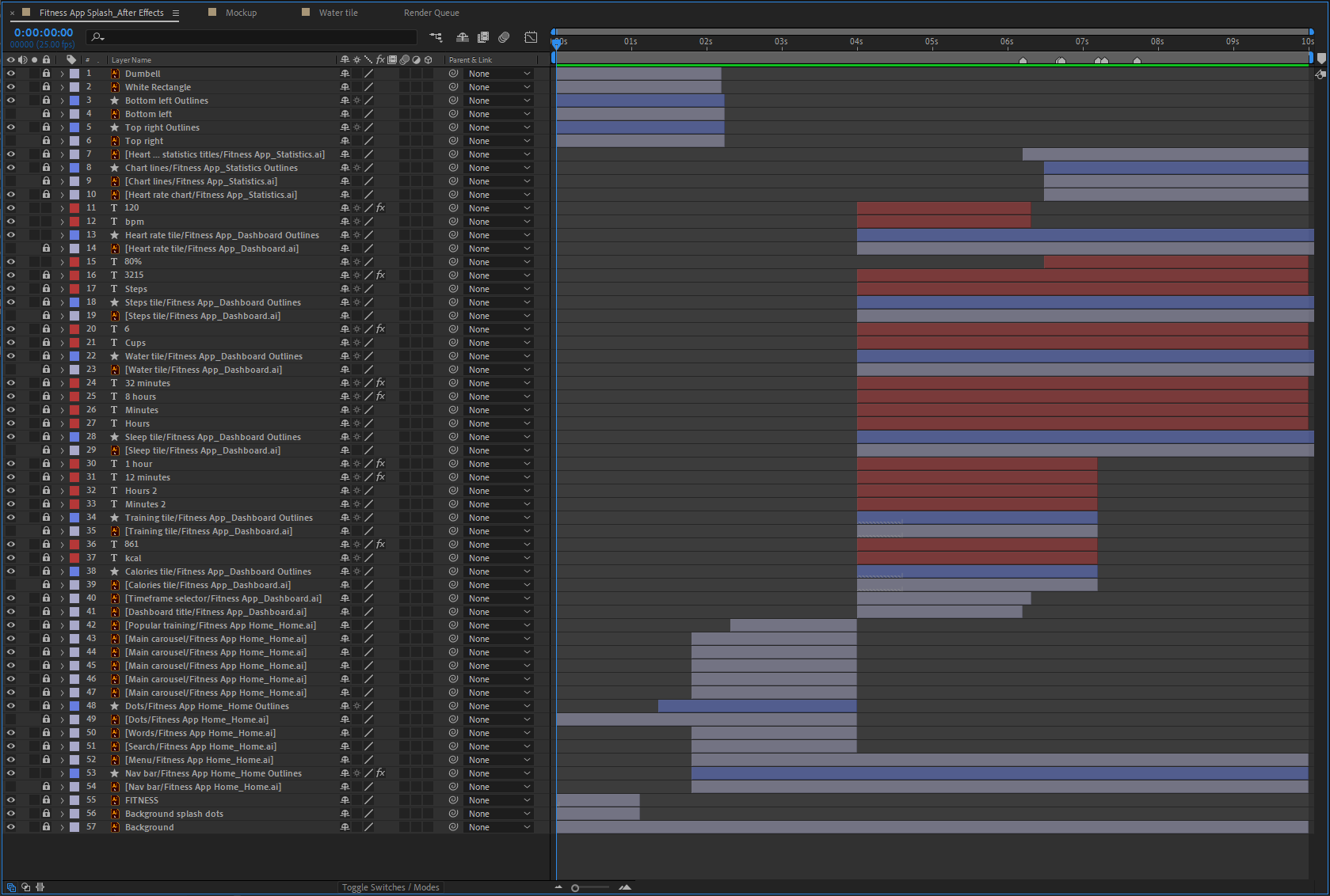 A screenshot of the fitness app motion design project timeline in Adobe After Effects.