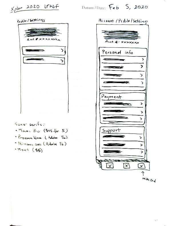 Wireframe sketches of the RaceTrac mobile application settings and preferences experience.