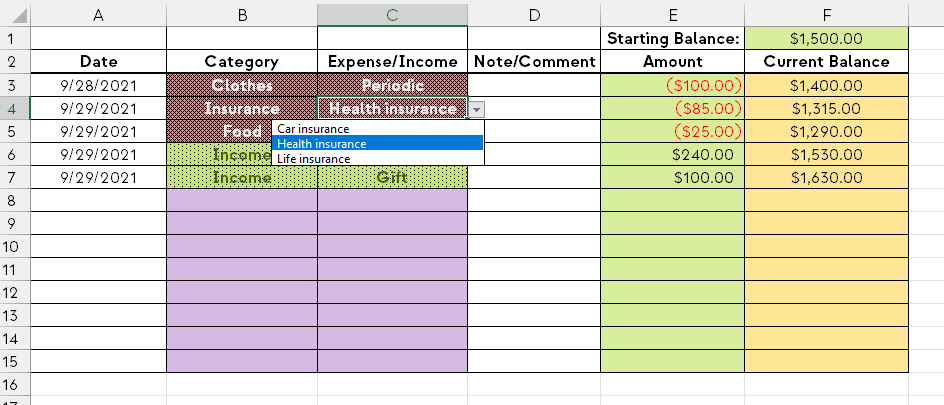 A contextual menu on an Excel budget tracker.