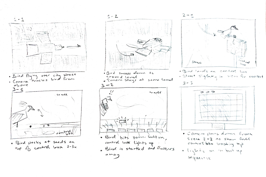 Preliminary storyboard for our 3D animated music video.