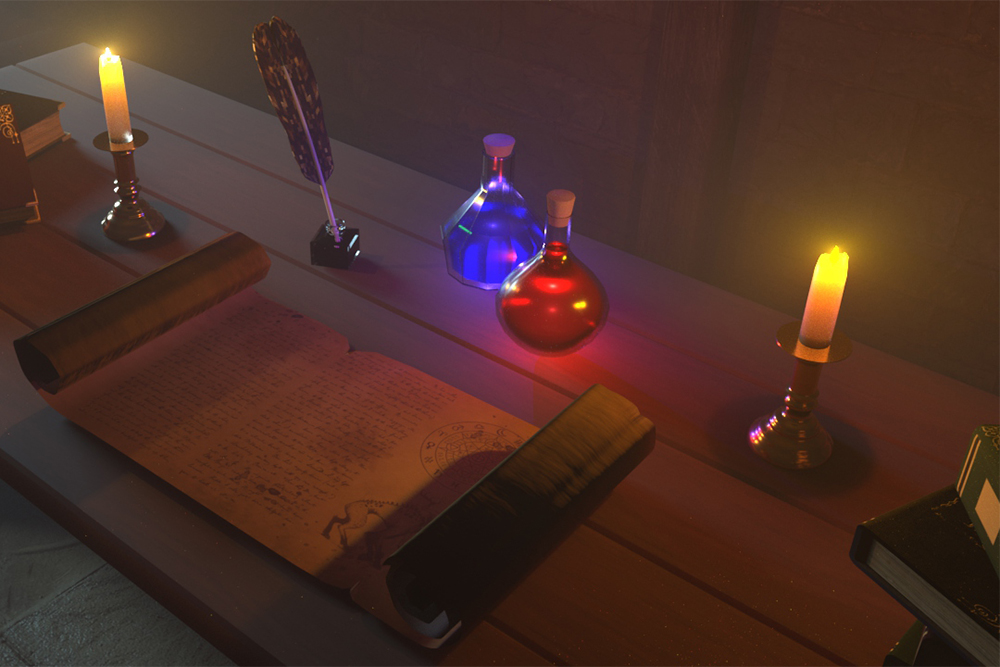 A 3D rendering of a sorcerer's desk with scrolls and potions strewn about.