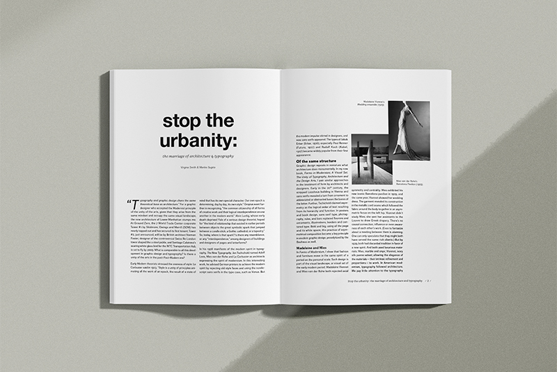 A magazine mockup open to a spread of the first two pages of the &quot;stop the urbanity&quot; article.